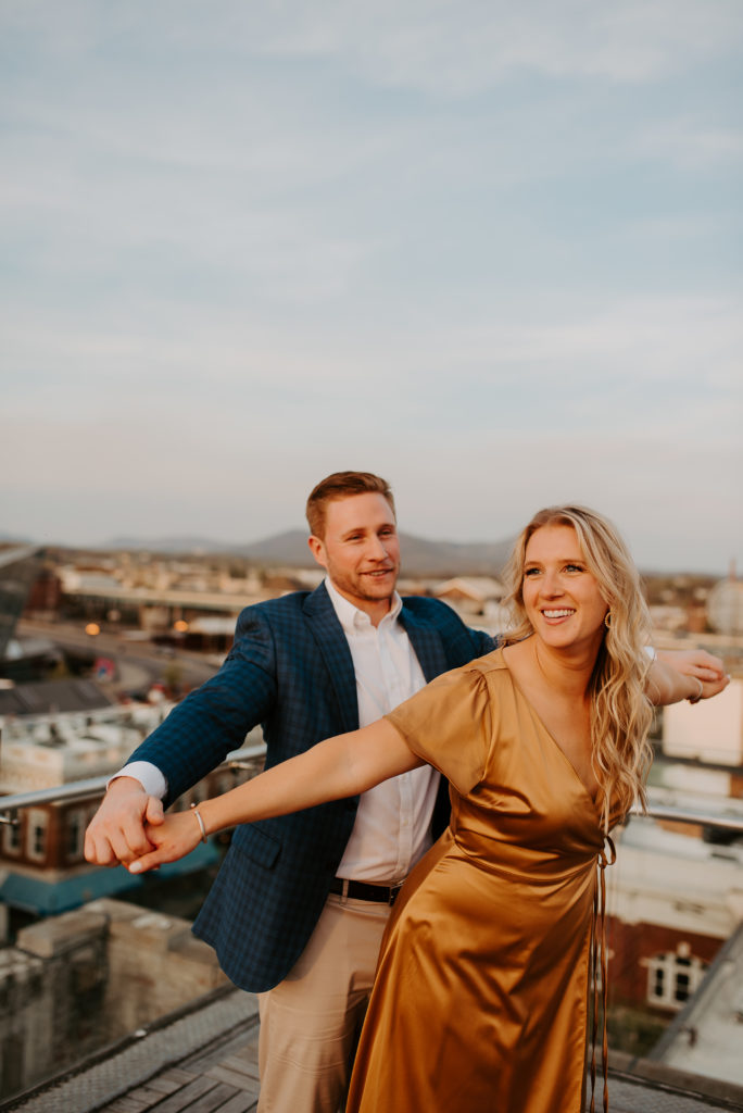 gold dress and navy tux for elegant engagement photos