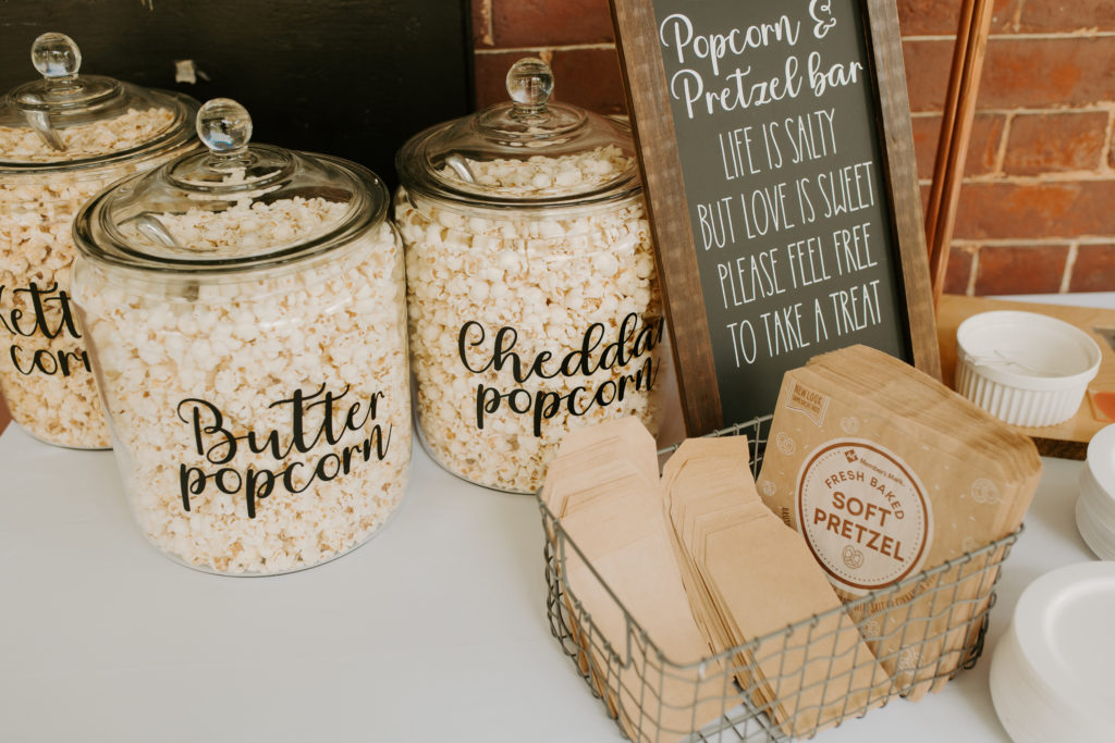 Popcorn and pretzel bar wedding favors