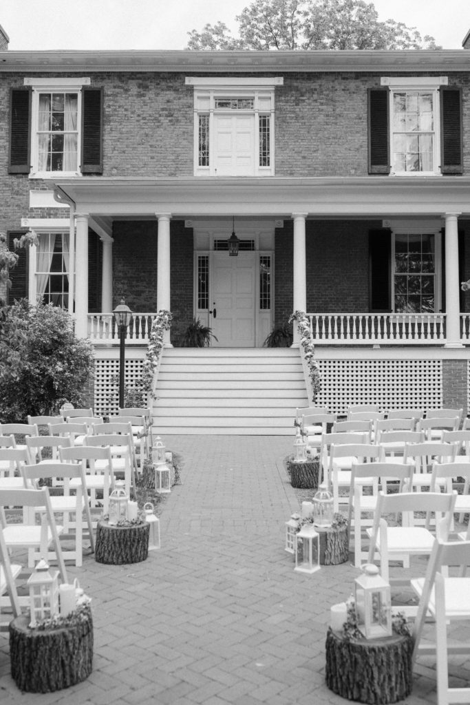 Victorian, boho ceremony setup at the Avenel House in Bedford, Virginia