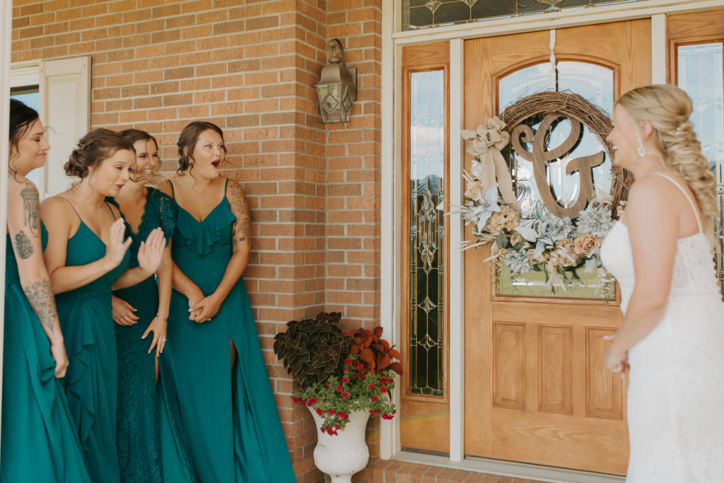 different styled teal bridesmaids dresses for Virginia backyard wedding