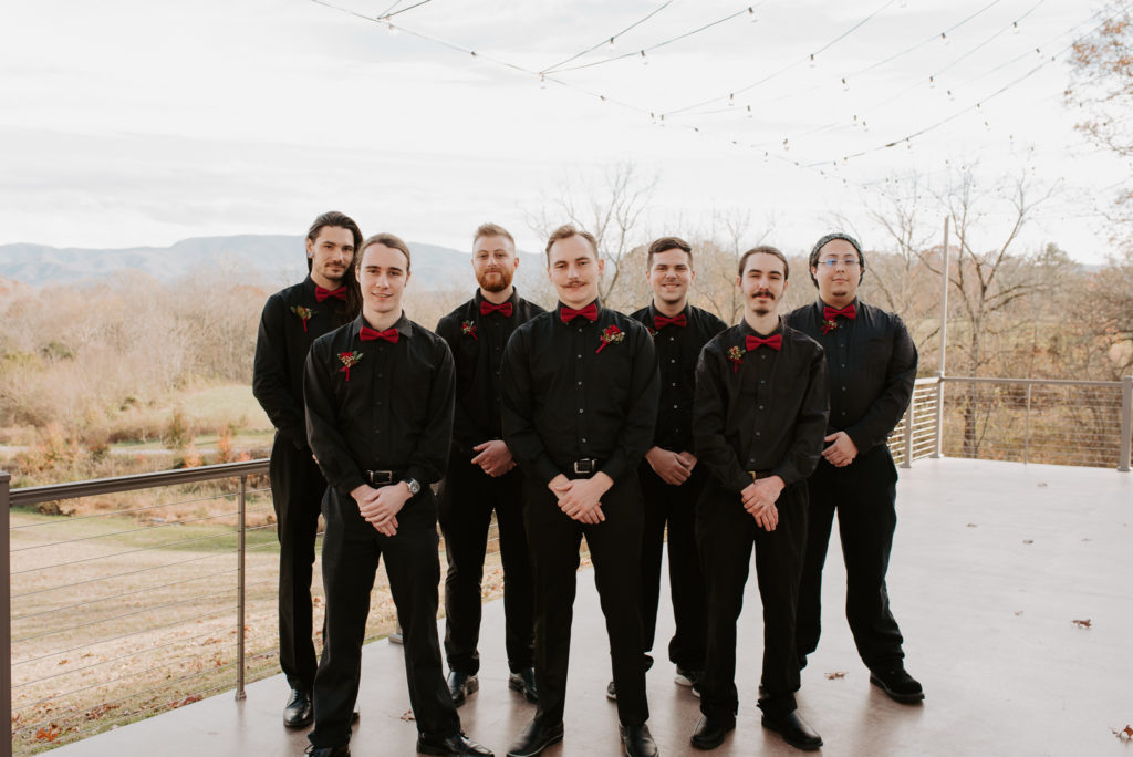 black with red bow-tie wedding party
