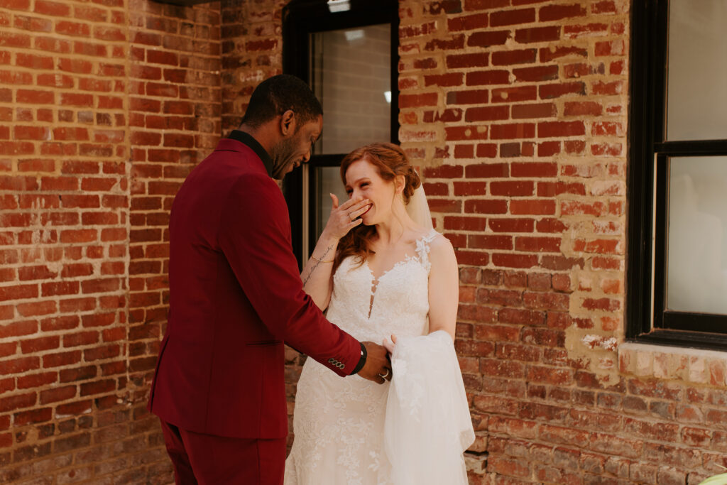 groom first look in Danville, Virginia at Cottontail Events