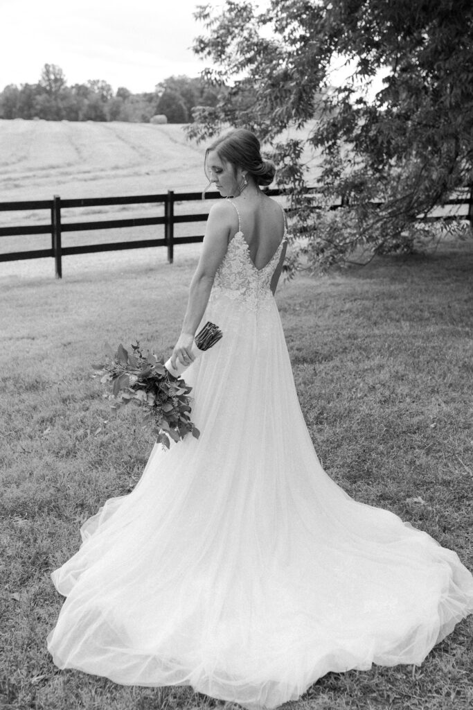 black and white photo of the bride before the intimate ceremony on a rustic charming farm in bedford, virginia