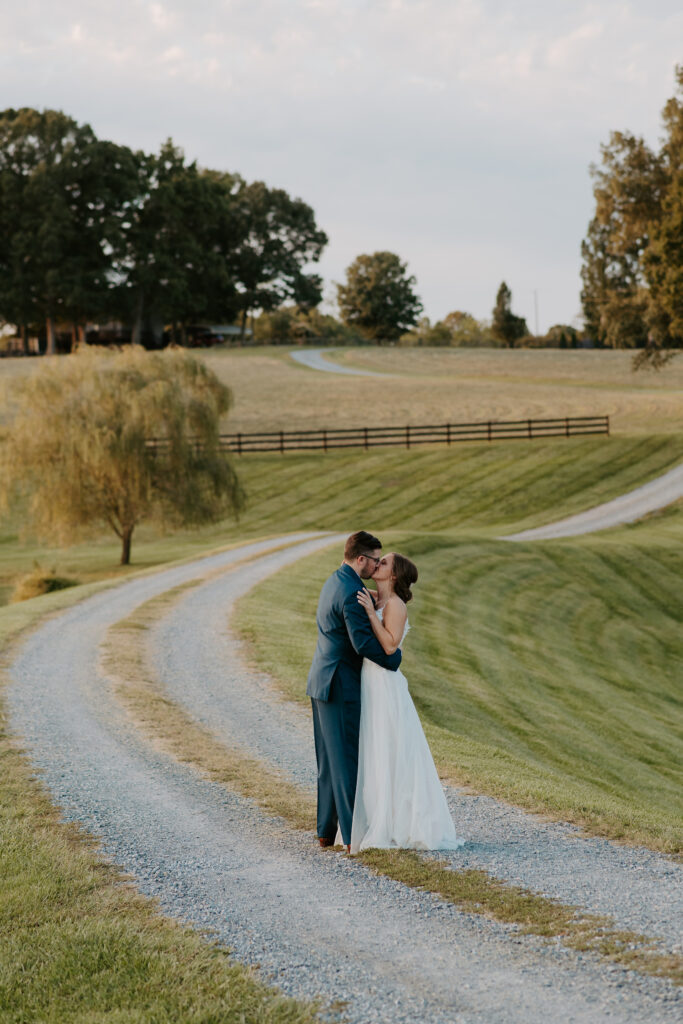 bride and groom golden hour portraits at the old mill farm venue in bedford, virginia