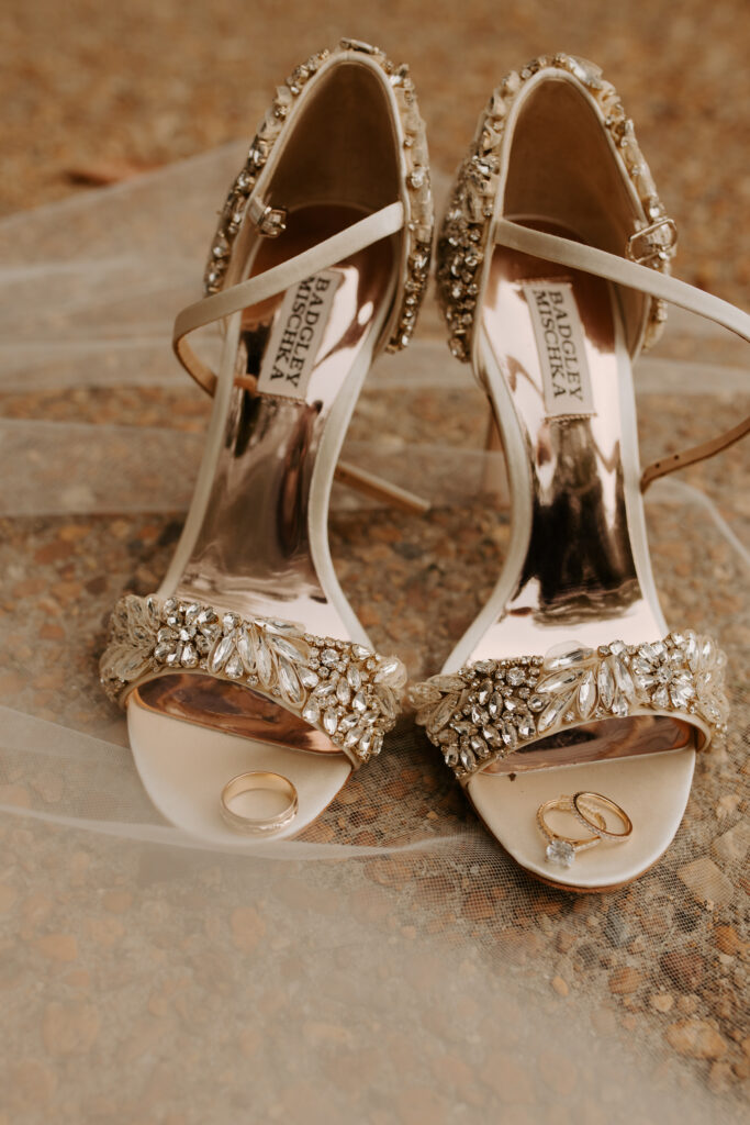 bride's wedding day shoes, rose gold with thin straps and sequins 