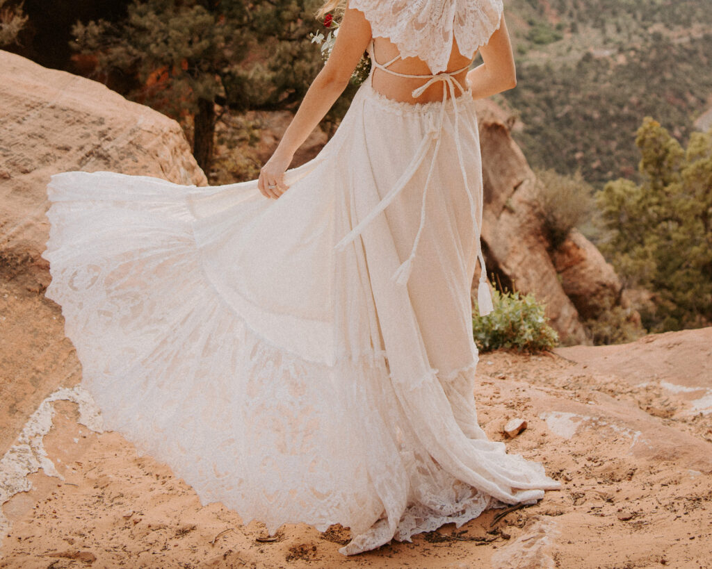close up detail photo of bride's boho dress during a Zion National Park elopement