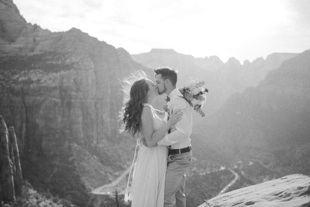 bride and groom kissing after their Zion elopement in Utah