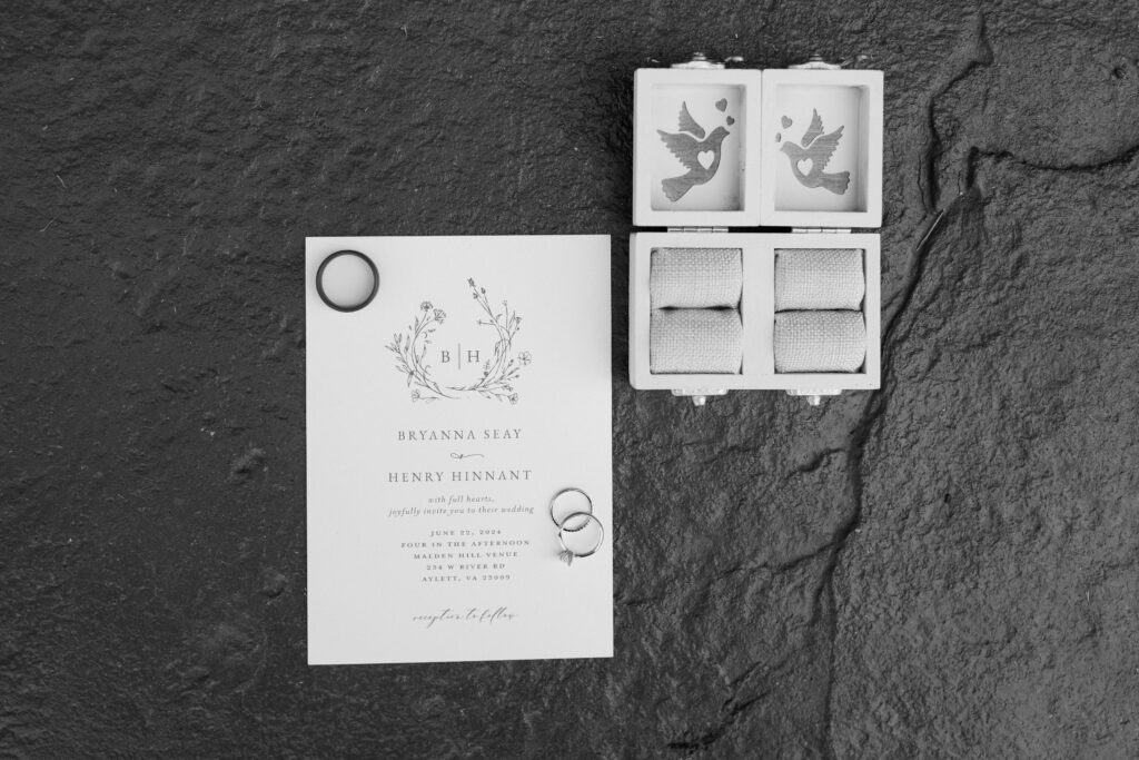 black and white detail shot of the wedding invitation and rings