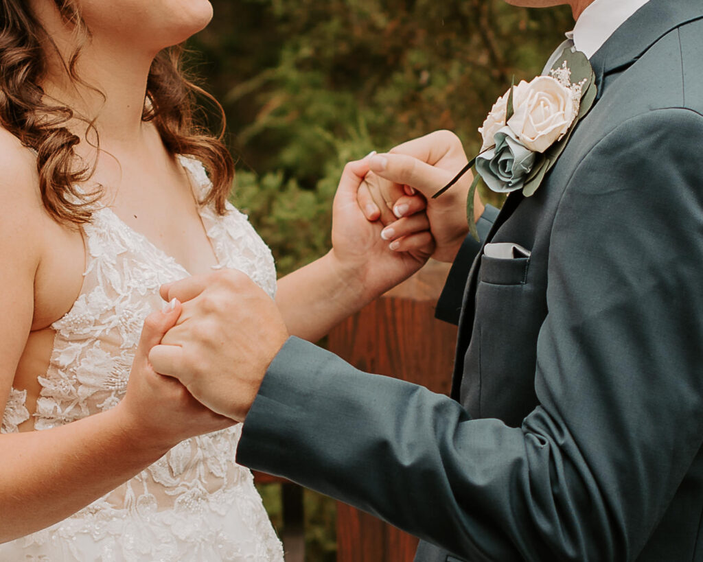 close up photos of the bride and groom holding hands