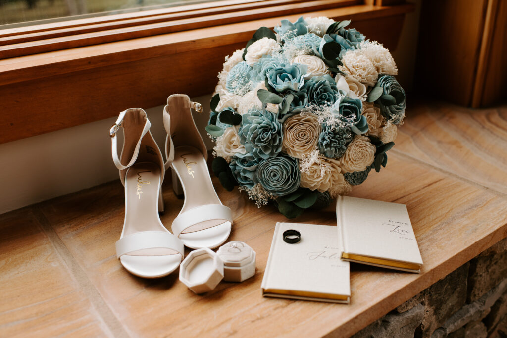 dusty blue and eucalyptus wooden bouquet