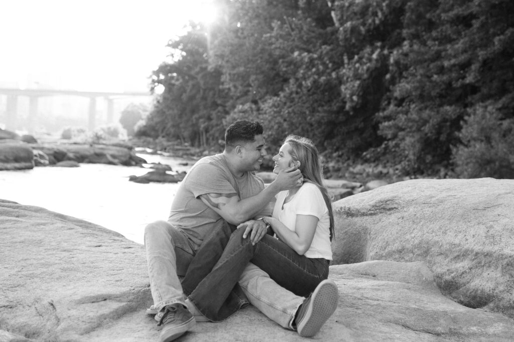 black and white photo on the rocks at Belle Isle, Richmond Virginia
